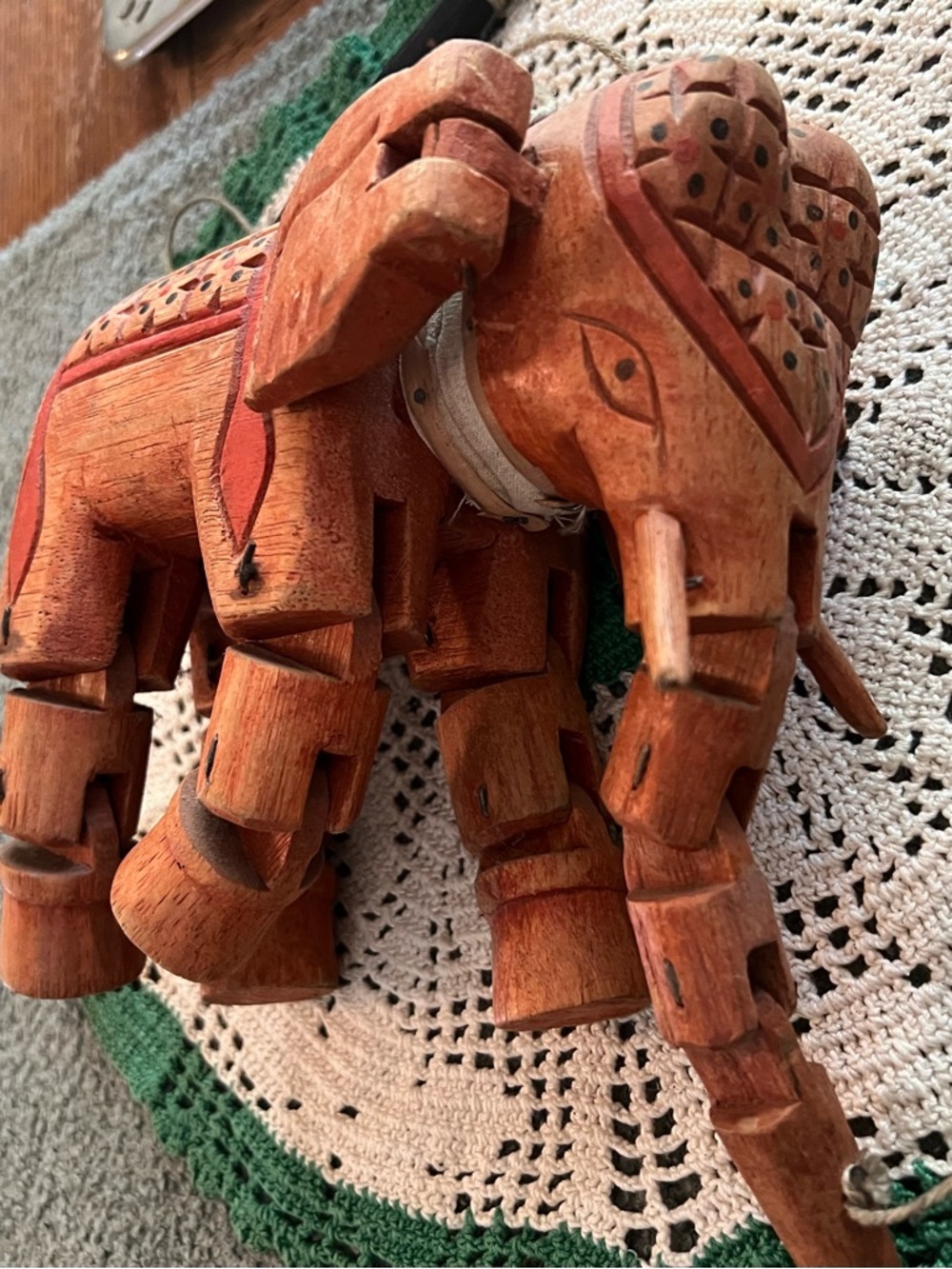 Vintage Ornate Hand-Carved Wooden Elephant Mariannette Toy
